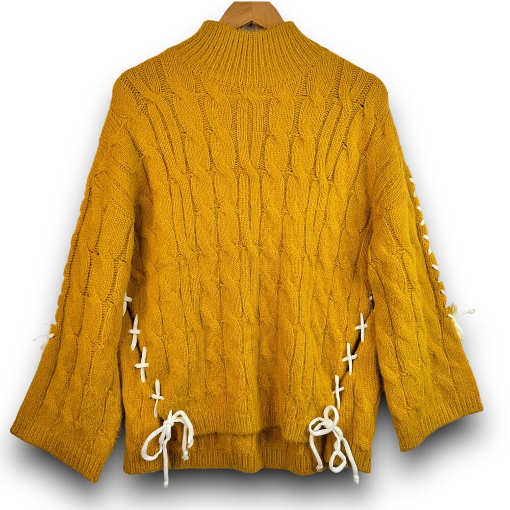 Cable Knit Mock Neck Sweater Tie Sides Wide Sleeves Mustard Yellow Size Medium